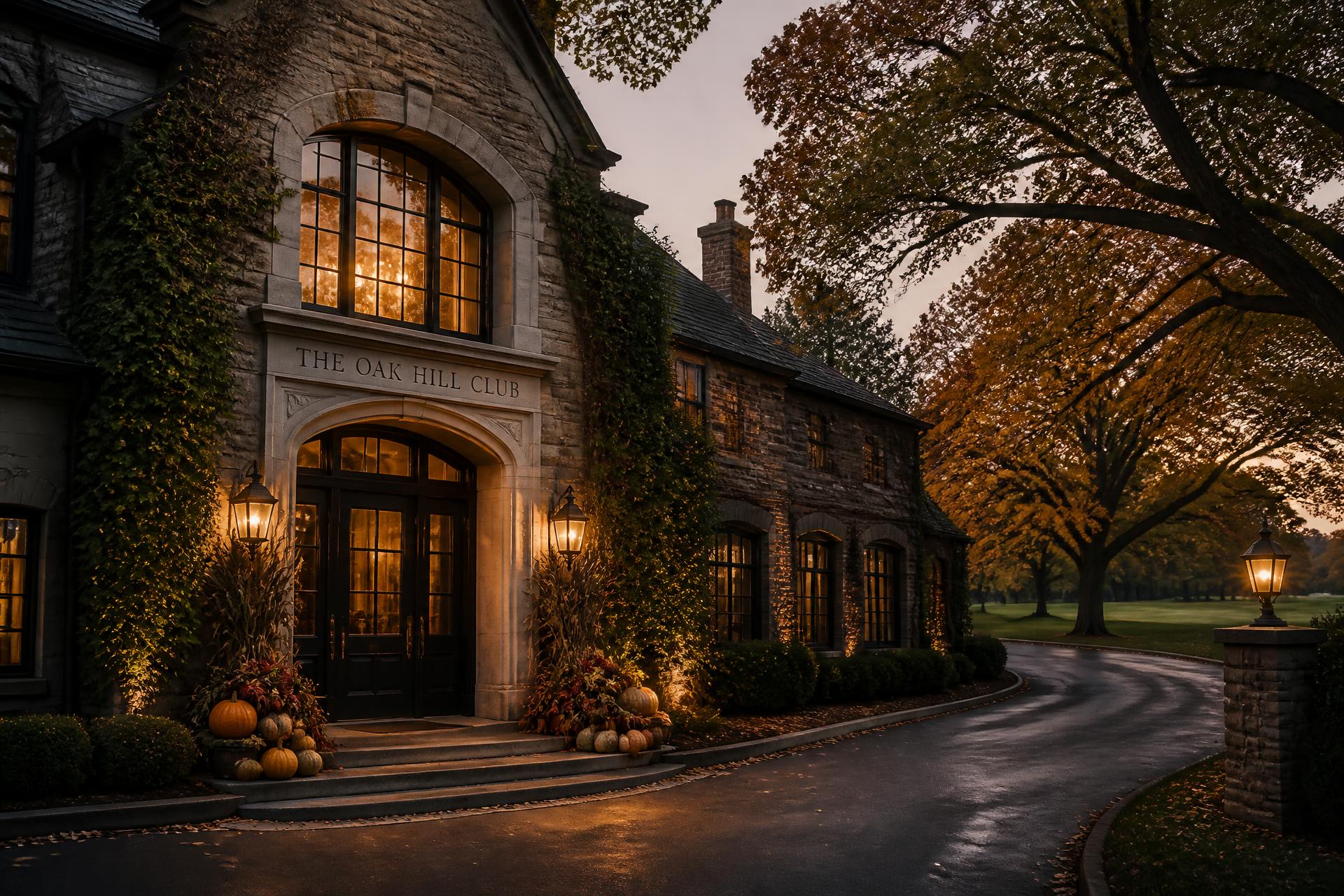 Distinguished private club entrance at autumn dusk