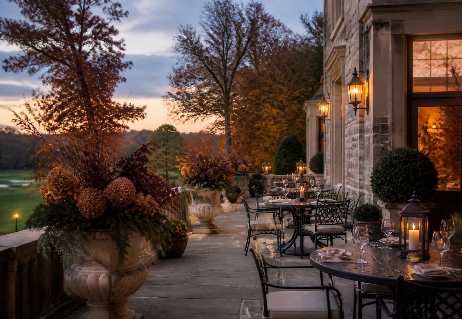 Private club terrace at twilight